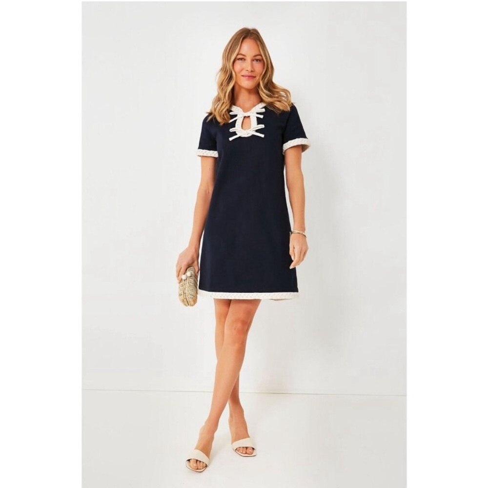 Tuckernuck Navy Blue/Cream Bow Olivia Dress sz S NWT Short Sleeve Shift Mini